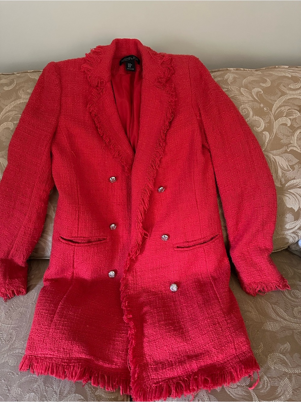 Rachel Zoe Red Fringed Tweed Blazer Coat
